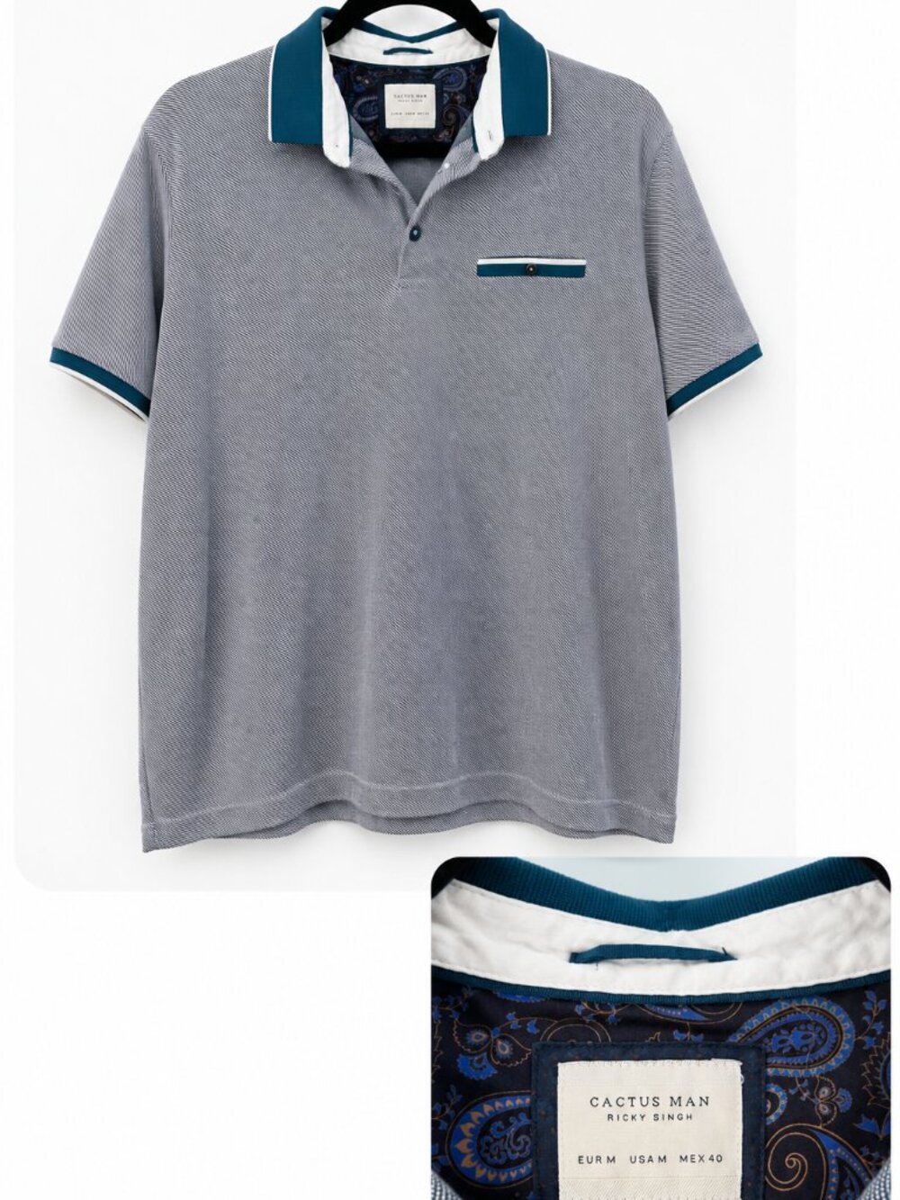 Cactus Man Ricky Singh Men's Medium Blue Striped Polo Shirt Teal Trim Pocket